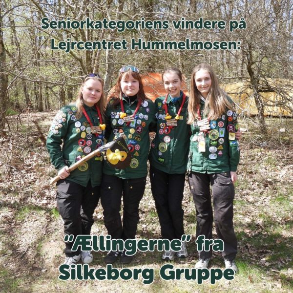 To spejderledere viser en færdselstavle for en gruppe børn